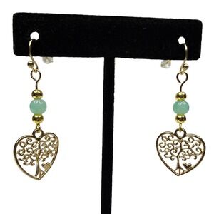 Gold Tone Tree of Life Heart Dangle Earrings with Green Beads Fashion Jewelry